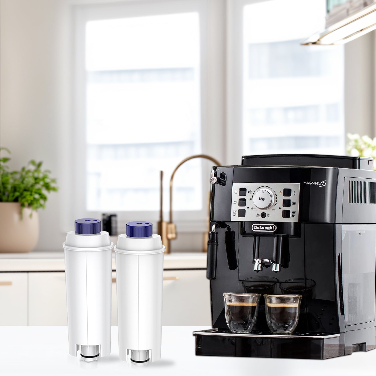 Black Delonghi coffee machine with two white water filters on a kitchen counter.